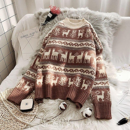 Women Knitted Christmas Sweater Autumn Winter New Loose Harajuku O-Neck Full Warm Wild Female Korean Version Pullover