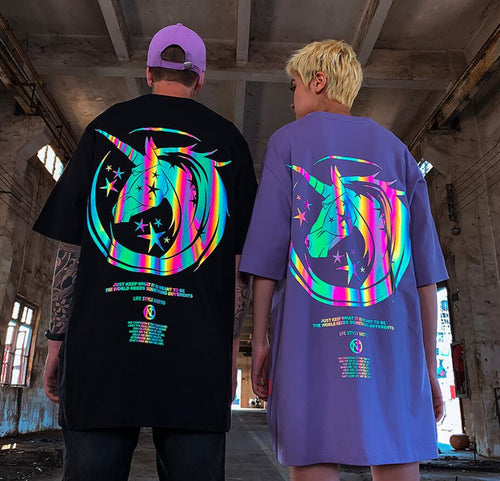 Couple Clothes Unicorn Reflective Print Casual T Shirt Oversize