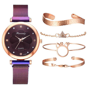 Luxury Magnet Buckle Flower  Ladies Quartz Wrist Watch &  Bracelet Set