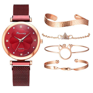 Luxury Magnet Buckle Flower  Ladies Quartz Wrist Watch &  Bracelet Set