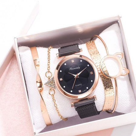 Luxury Magnet Buckle Flower  Ladies Quartz Wrist Watch &  Bracelet Set