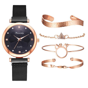 Luxury Magnet Buckle Flower  Ladies Quartz Wrist Watch &  Bracelet Set