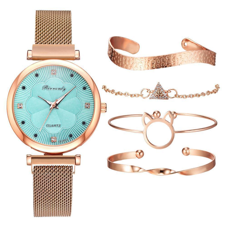 Luxury Magnet Buckle Flower  Ladies Quartz Wrist Watch &  Bracelet Set