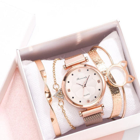 Luxury Magnet Buckle Flower  Ladies Quartz Wrist Watch &  Bracelet Set