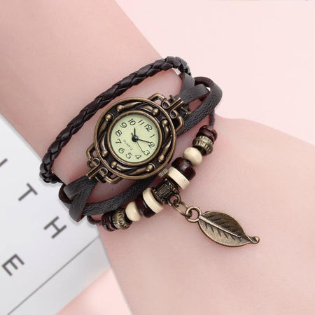 Women Genuine Leather Vintage Quartz Dress Watch Bracelet