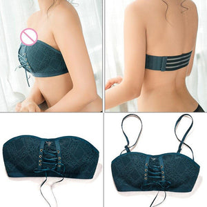 Lace Bandeau Drawstrings Push Up Bra